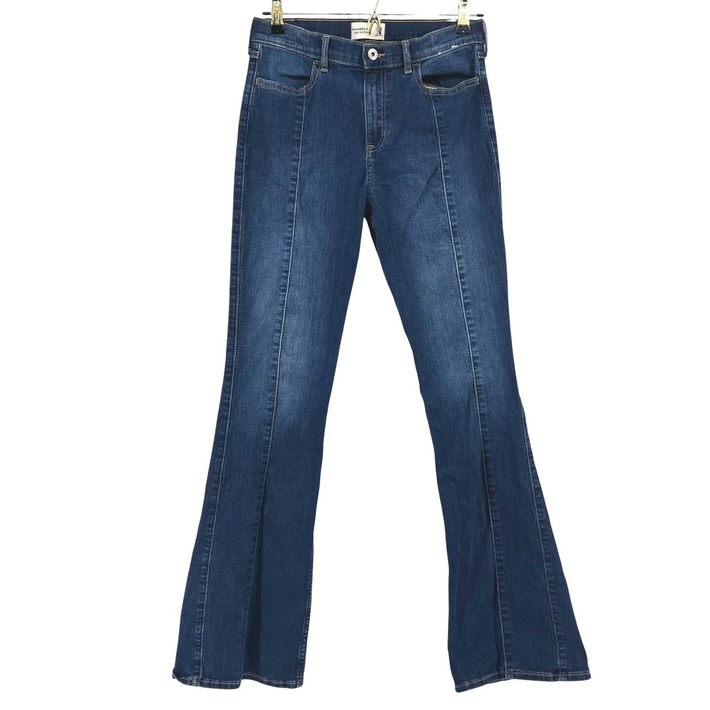 Abercrombie Kids High Rise Flare Denim Jeans Dark Wash Pintuck Seam 17/18 Long